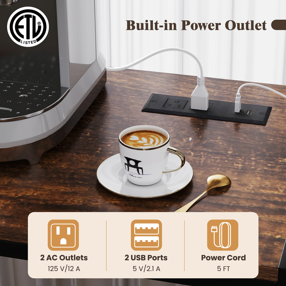 Coffee bar cabinet in rustic brown featuring built-in power outlet, wine bottle holders, and sturdy metal frame for.