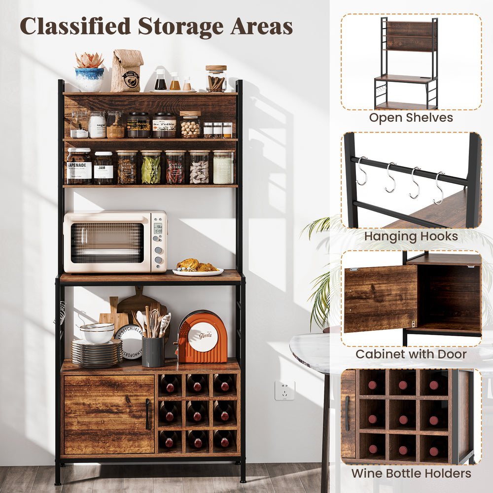 Coffee bar cabinet in rustic brown with open shelves, wine bottle holders, and S-shaped hooks for versatile storage.