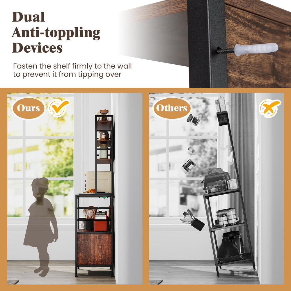 Coffee bar cabinet in rustic brown with dual anti-toppling devices and wine bottle holders for secure storage.