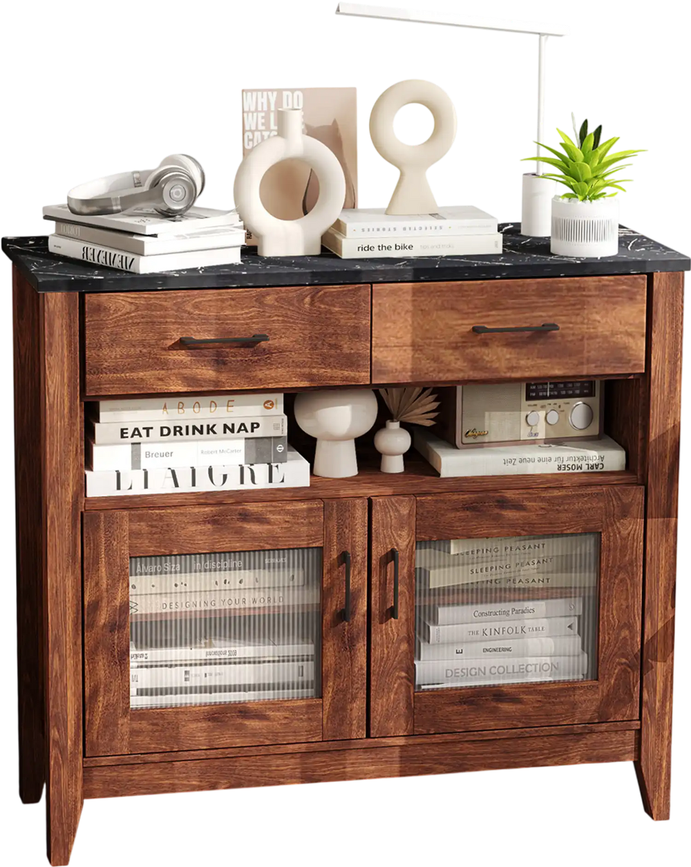 Coffee bar cabinet in brown with faux marble top, featuring 2 drawers, 2 door cabinets, and an open shelf for stylish.