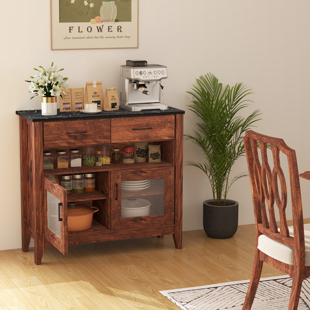 Coffee bar cabinet in brown with faux marble top, featuring 2 drawers and 2 door cabinets for organized storage.