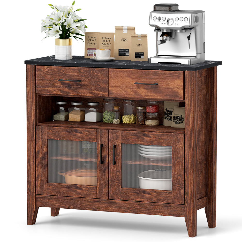 Coffee bar cabinet in brown with faux marble top, featuring 2 drawers and 2 glass door cabinets for stylish storage.
