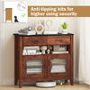 Coffee bar cabinet in brown with faux marble top, featuring 2 drawers and 2 door cabinets for diverse storage.