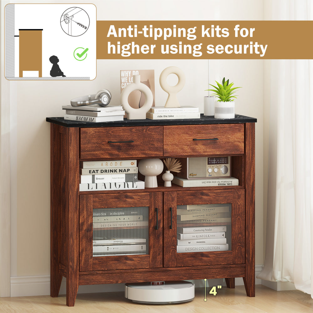 Coffee bar cabinet in brown with faux marble top, featuring 2 drawers and 2 door cabinets for diverse storage.