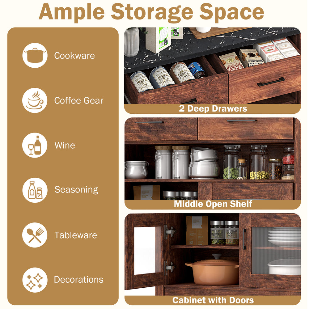 Coffee bar cabinet in brown featuring 2 drawers, an open shelf, and elegant wood grains for stylish storage.