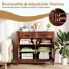 Coffee bar cabinet in brown with 2 drawers, adjustable shelves, and faux marble top for stylish storage solutions.