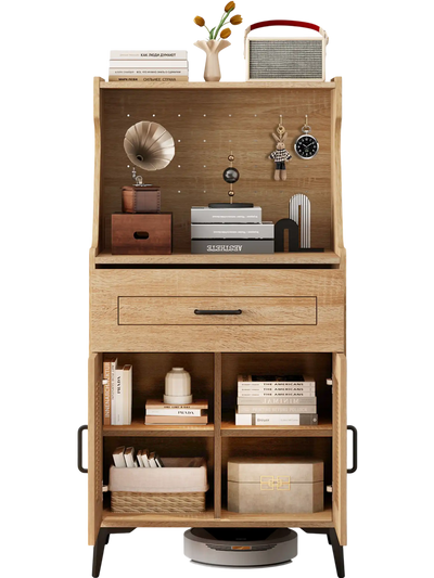 Costway Coffee Bar Cabinet Pegboard Storage Drawer Adjustable Shelf Oak 18234795 New