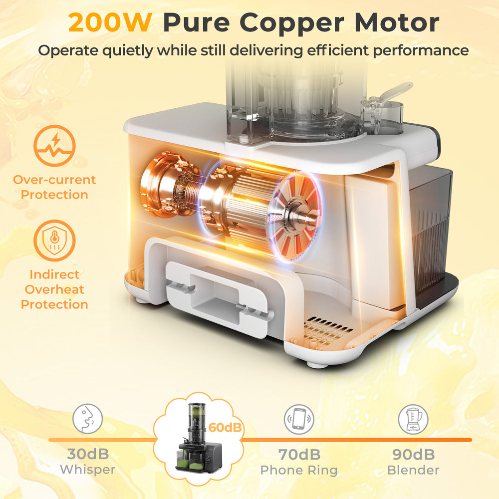 Cold press juicer with 5.3" feed chute, 200W motor, 28oz capacity, and reverse function for efficient juice extraction.