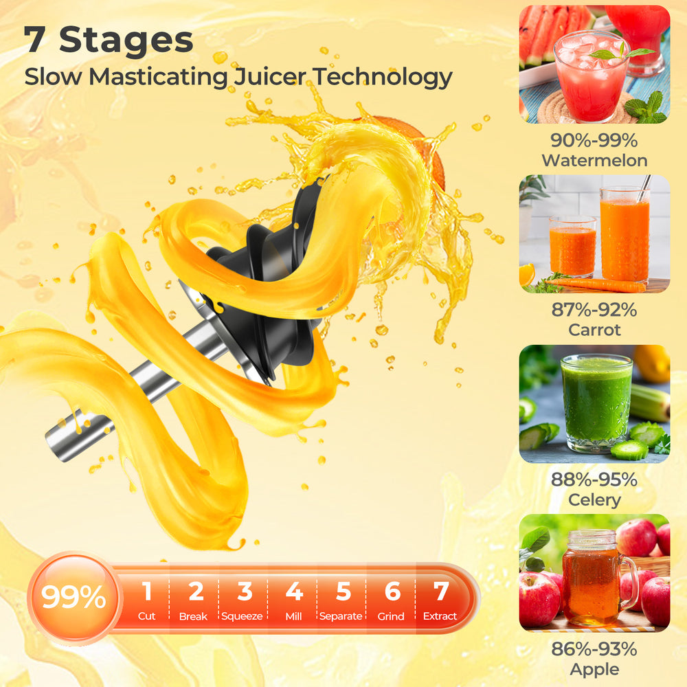 Cold press juicer with 5.3" feed chute, showcasing 7-stage masticating technology for high juice yield and nutrient.
