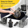 Cold press juicer components including dishwasher-safe parts and included cleaning brush for easy maintenance.