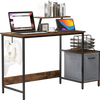 Computer desk with brown wood surface, moveable shelf, and reversible storage drawer for versatile office use.