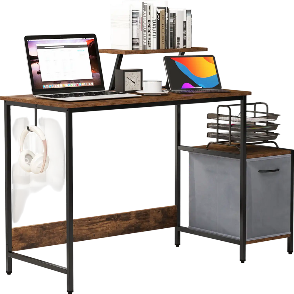 Computer desk with brown wood surface, moveable shelf, and reversible storage drawer for versatile office use.