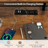 Computer desk with reversible storage drawer, featuring 2 AC outlets and USB ports for convenient power supply.