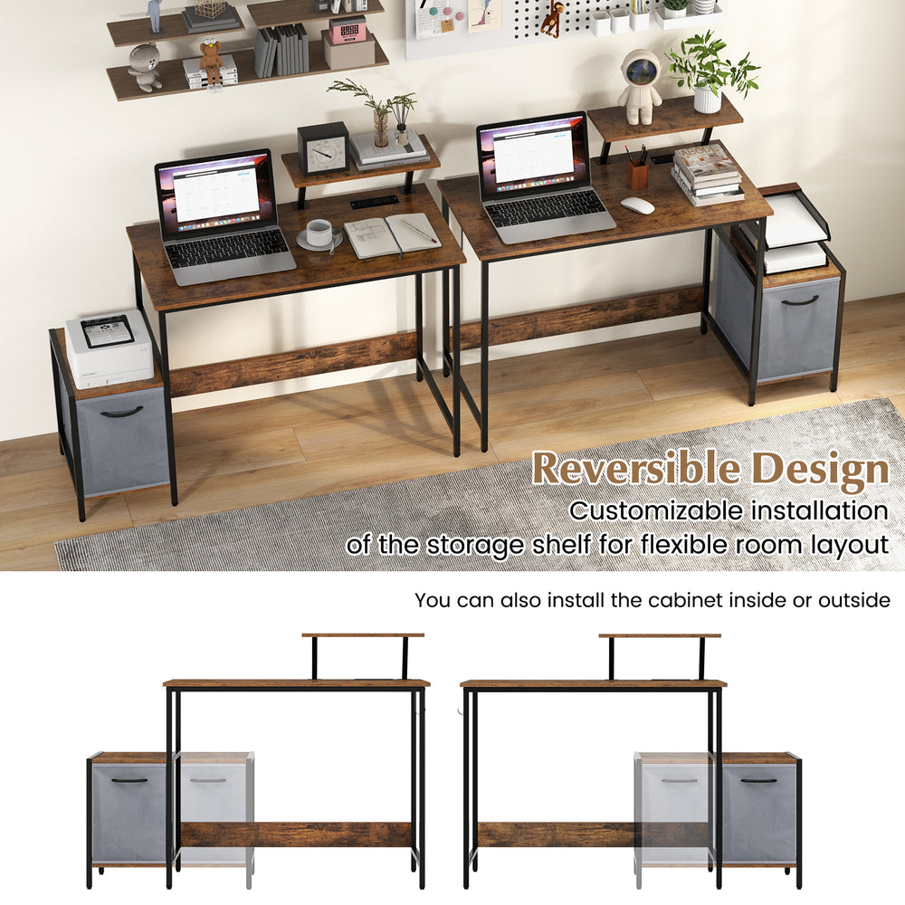 Computer desk with reversible storage drawer, industrial style, featuring USB ports and a spacious desktop for.
