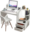 White computer desk with corner bookshelf and drawers, perfect for home office or study, featuring a wide desktop.