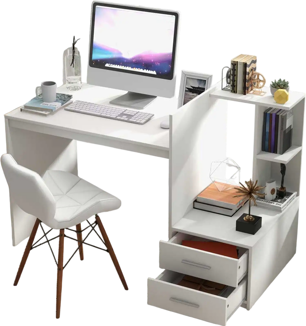 White computer desk with corner bookshelf and drawers, perfect for home office or study, featuring a wide desktop.
