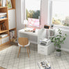 White computer desk with a wide desktop and corner bookshelf, perfect for creating an organized home office workspace.