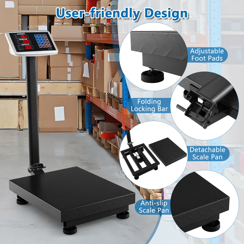 Computing digital platform scale with price calculator, featuring a sturdy metal design and user-friendly LED screen.