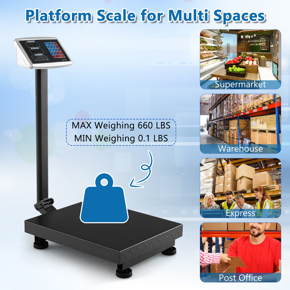 Digital platform scale with LED screen, weighing up to 660 lbs, ideal for supermarkets and warehouses.