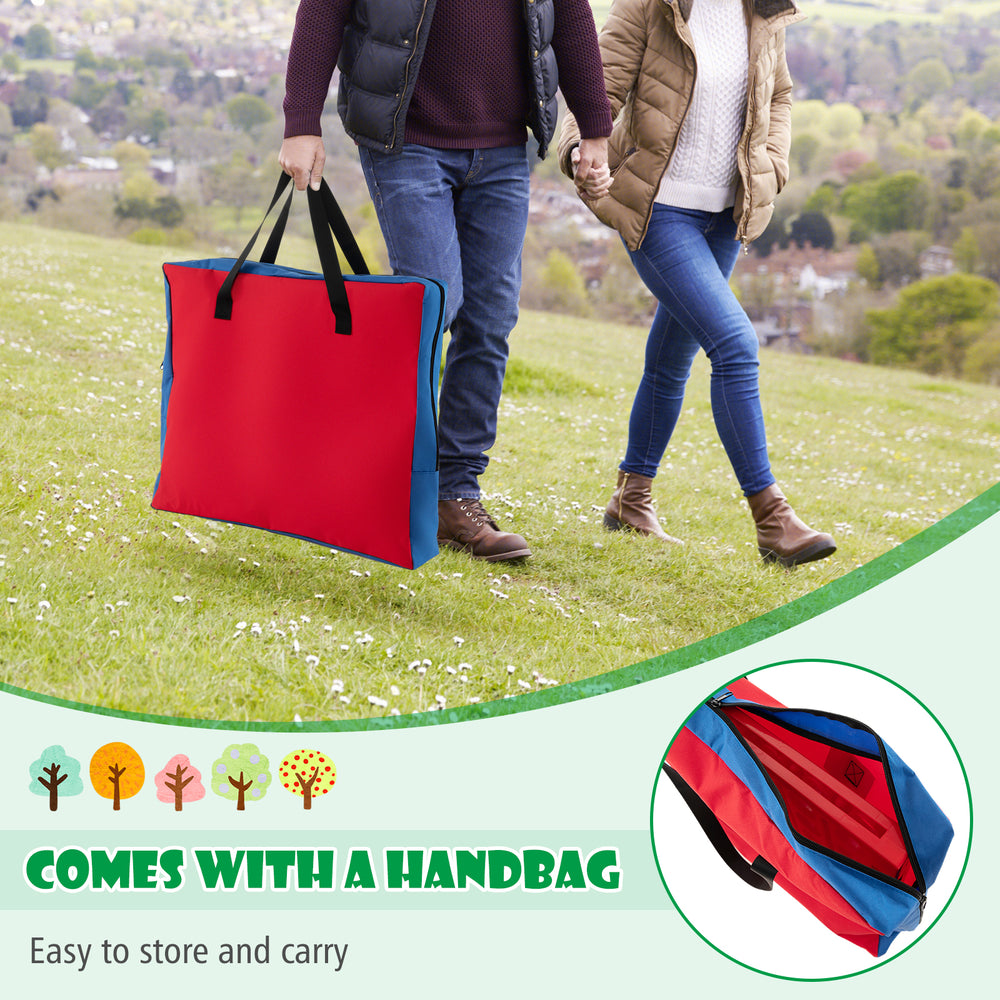 Jumbo 4-to-Score Connect Game Set in a red and blue carrying bag, perfect for indoor and outdoor family fun.