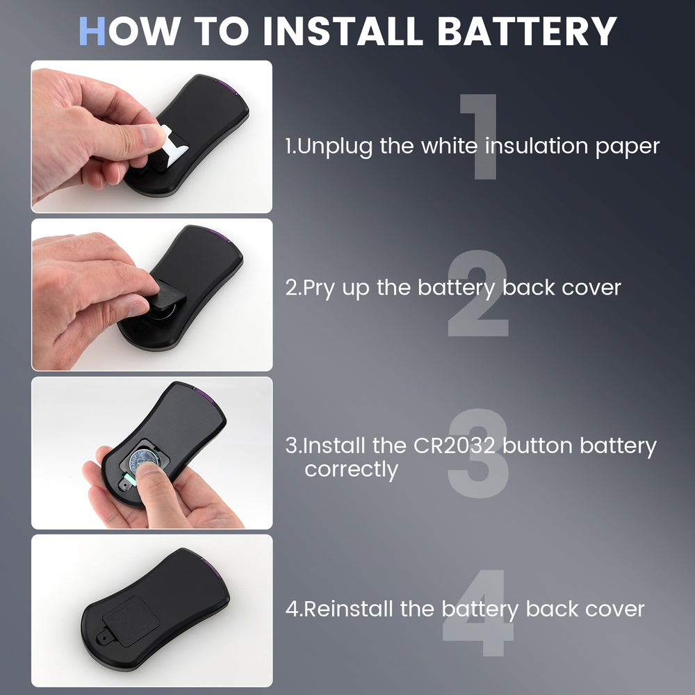 Convenient remote control for treadmill showing battery installation steps, made of durable PET material for easy use.
