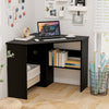 Corner computer desk in black with a triangle design, storage shelf, and cable management for a tidy workspace.