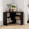 Black corner computer desk with triangle design, storage shelf, and cable management for a tidy workspace.