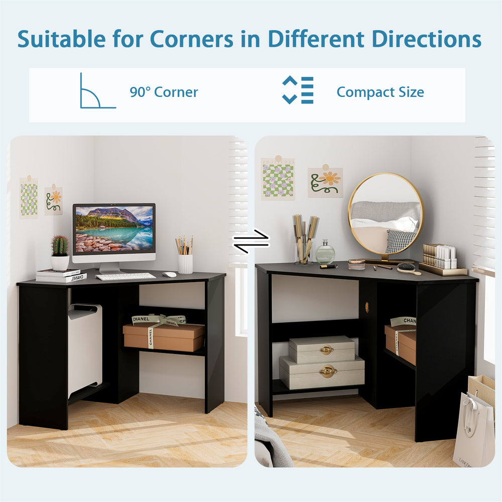 Triangle corner computer desk in black with storage shelf, designed for space-saving and versatile use in any room.