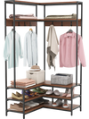 Corner garment rack with walnut shelves, 7 hooks, and shoe storage, perfect for entryways and maximizing space.