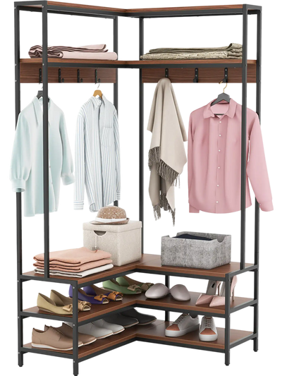 Costway Corner Garment Rack Wardrobe with Open Shelves 7 Hooks Shoe Bench 76815294 New