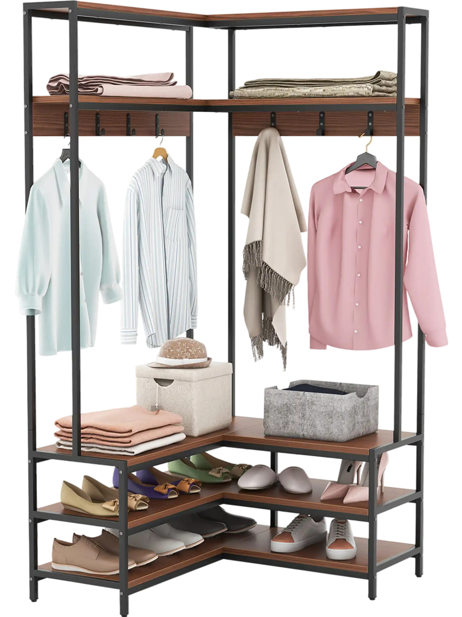 Costway Corner Garment Rack Open Shelves 7 Hooks Shoe Bench 76815294 New