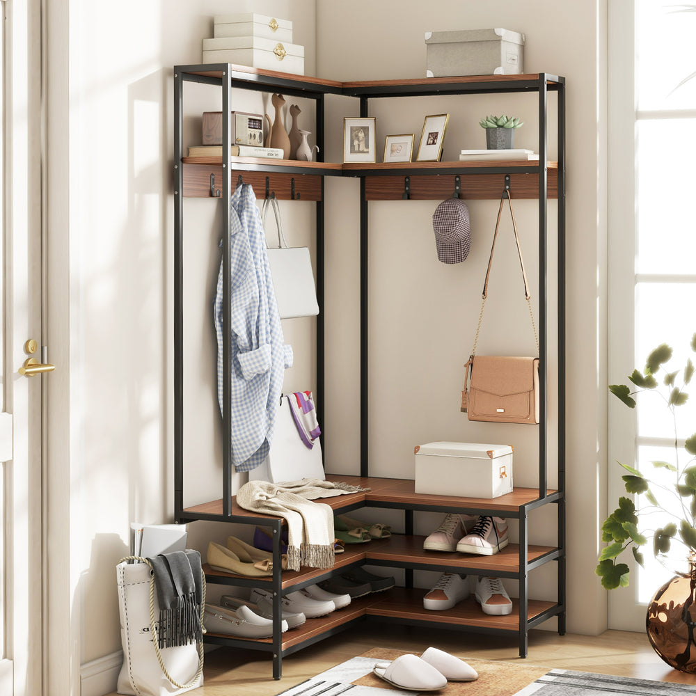 Corner Garment Rack with Open Shelves and 7 Hooks Shoe Bench-Walnut - Gallery View 1 of 9