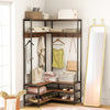 Corner garment rack with open shelves, 7 hooks, and walnut finish, perfect for organizing entryways and bedrooms.