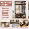 Corner garment rack with open shelves, walnut finish, featuring 7 hooks and ample storage for coats and shoes.