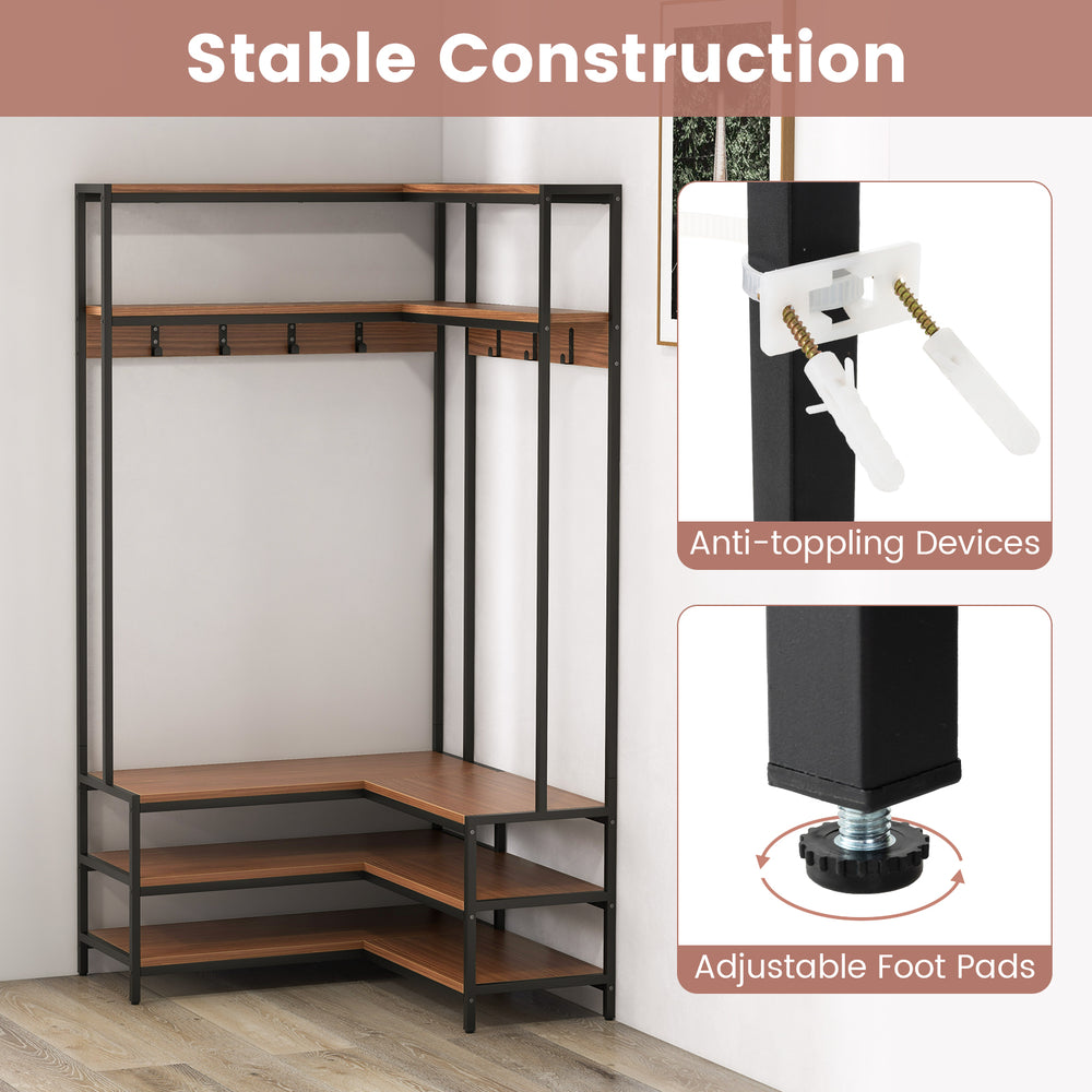 Corner garment rack with walnut shelves, 7 hooks, and adjustable foot pads for stable shoe storage and organization.