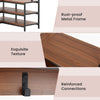 Corner garment rack with walnut finish, featuring open shelves, 7 hooks, and a sturdy metal frame for versatile storage.