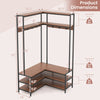 Corner garment rack with open shelves, walnut finish, featuring 7 hooks and ample storage for entryways or living rooms.