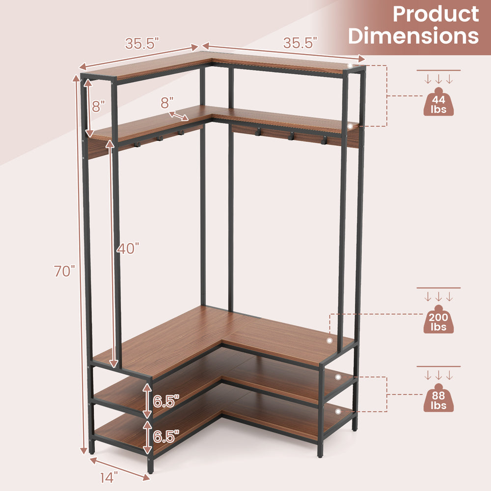 Corner garment rack with open shelves, walnut finish, featuring 7 hooks and ample storage for entryways or living rooms.