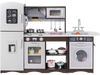 Corner toy kitchen set in dark brown with interactive lights and sounds, featuring stove, oven, and washing machine.