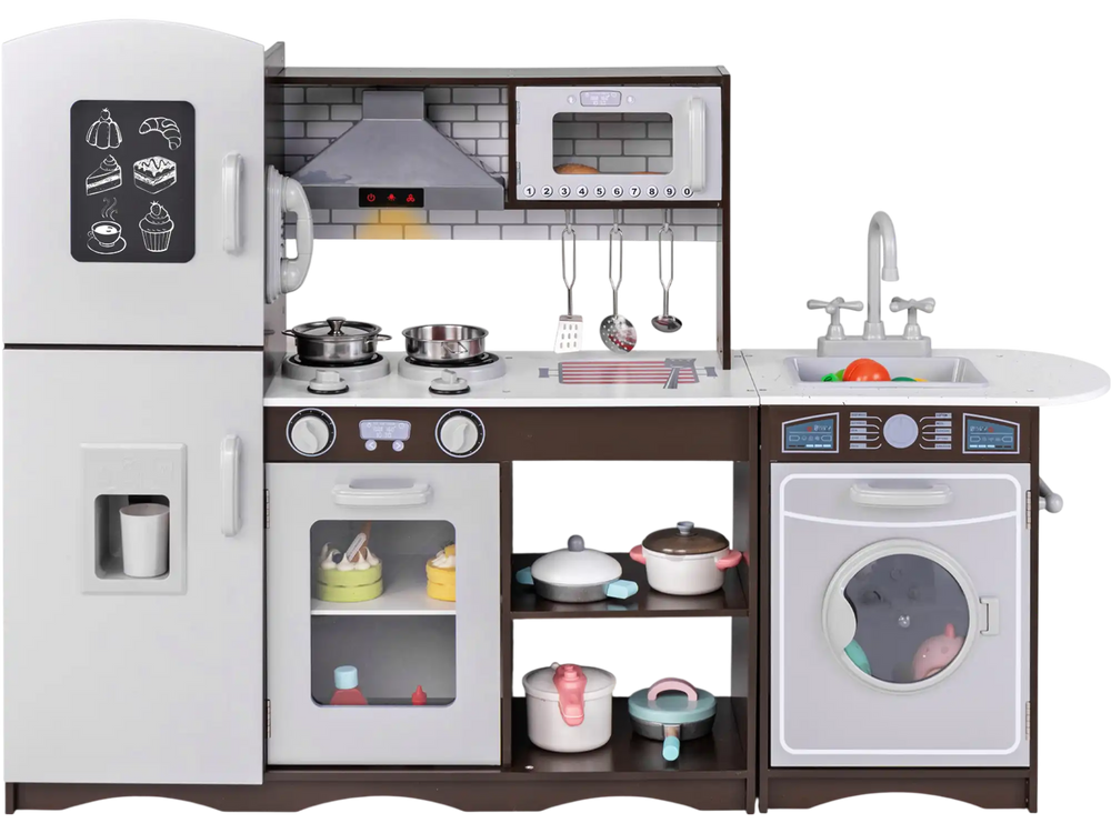 Corner toy kitchen set in dark brown with interactive lights and sounds, featuring stove, oven, and washing machine.