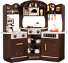 Corner wooden play kitchen in brown with coffee machine, slide, and interactive features for kids' imaginative play.
