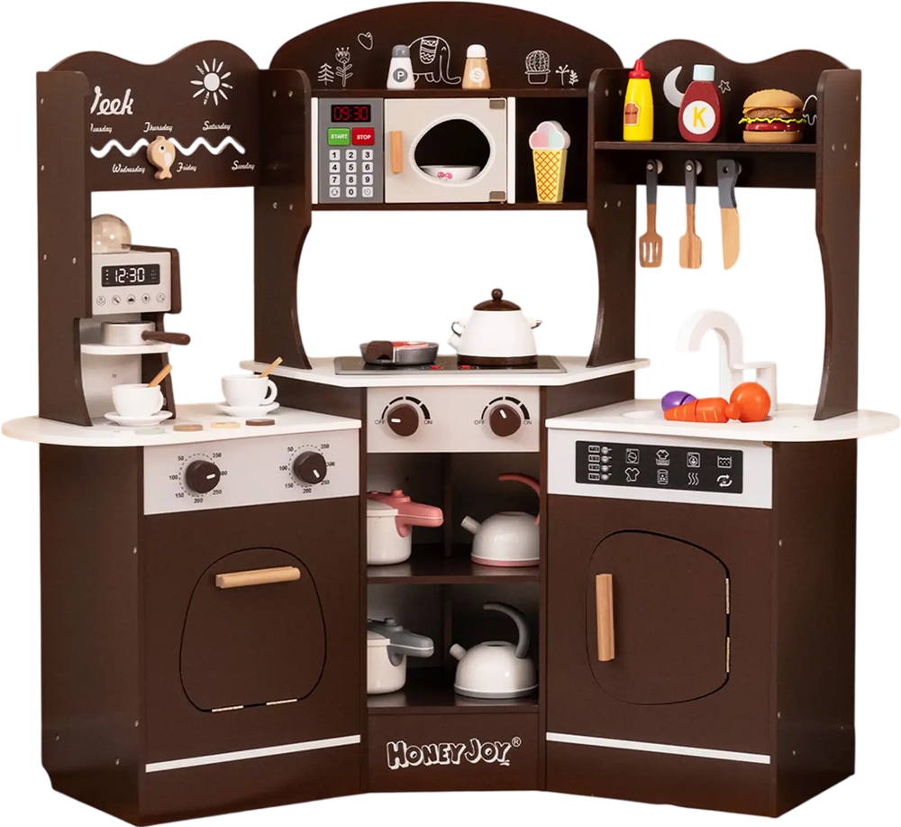 Corner wooden play kitchen in brown with coffee machine, slide, and interactive features for kids' imaginative play.