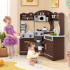 Wooden play kitchen with coffee machine and slide for kids, featuring light-up stove and ample storage in brown color.