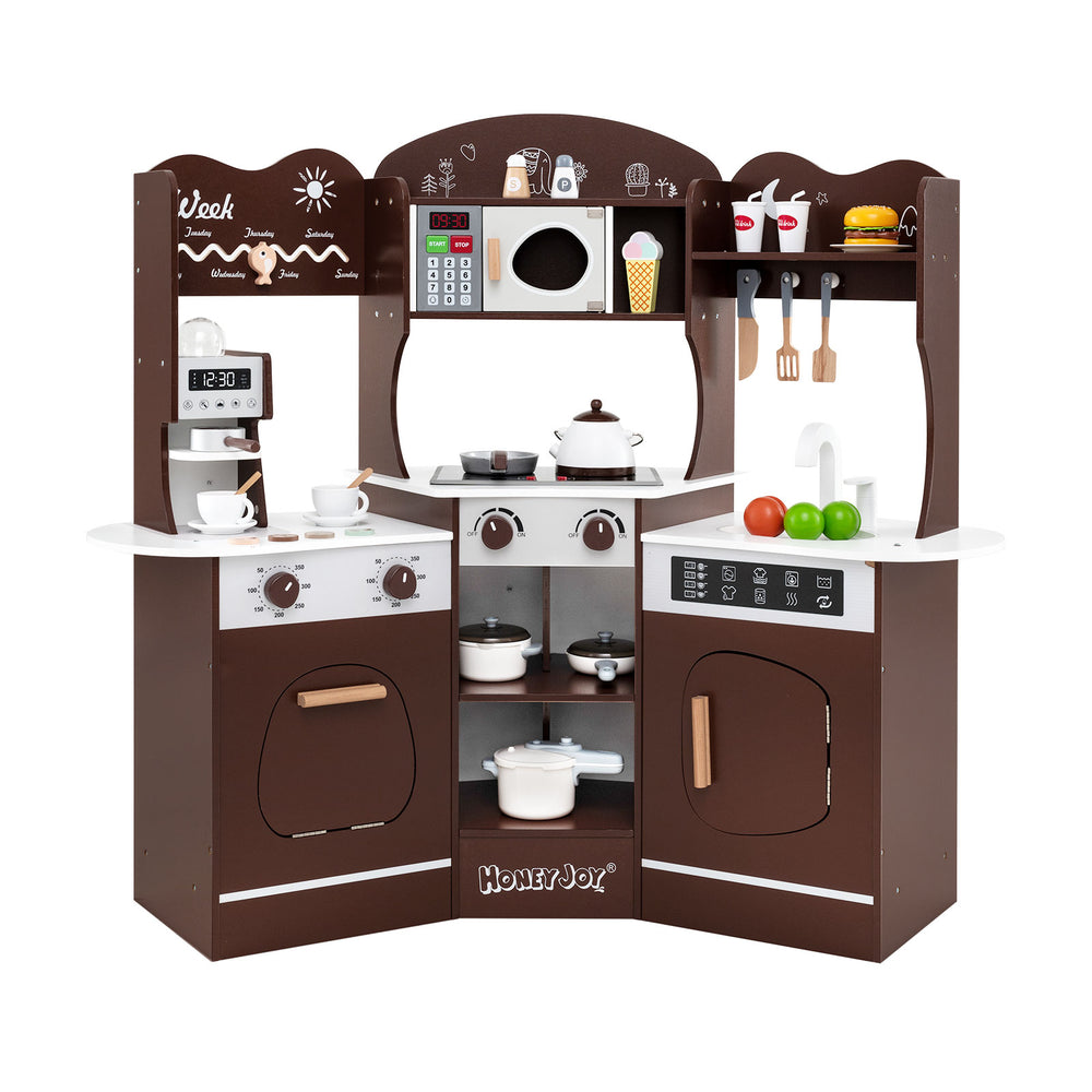 Corner wooden play kitchen in brown with coffee machine, slide, and light-up microwave for immersive role-playing fun.