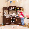 Interactive corner wooden play kitchen in brown with a slide, featuring a sink and ample storage for kids' toys and.