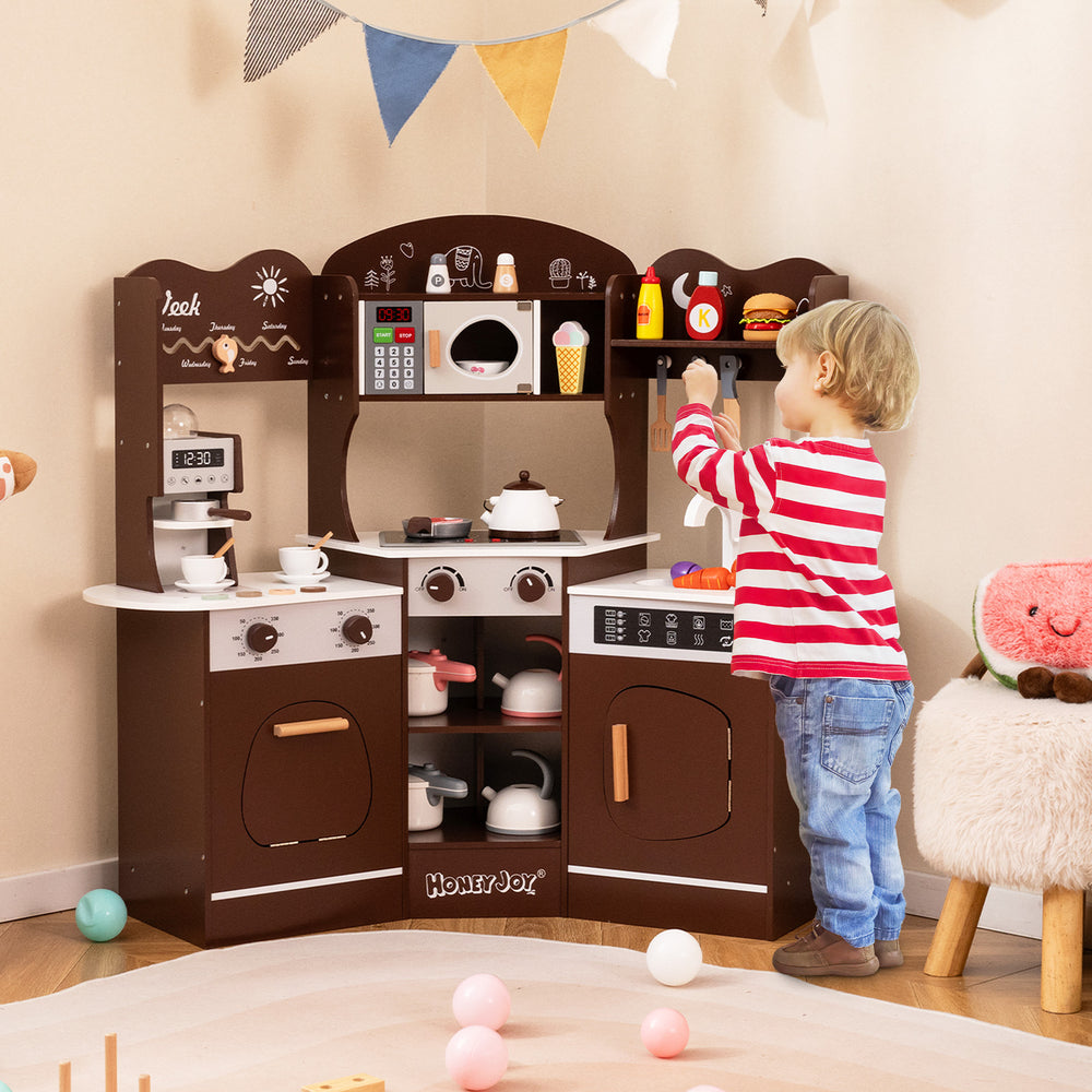 Interactive corner wooden play kitchen in brown with a slide, featuring a sink and ample storage for kids' toys and.