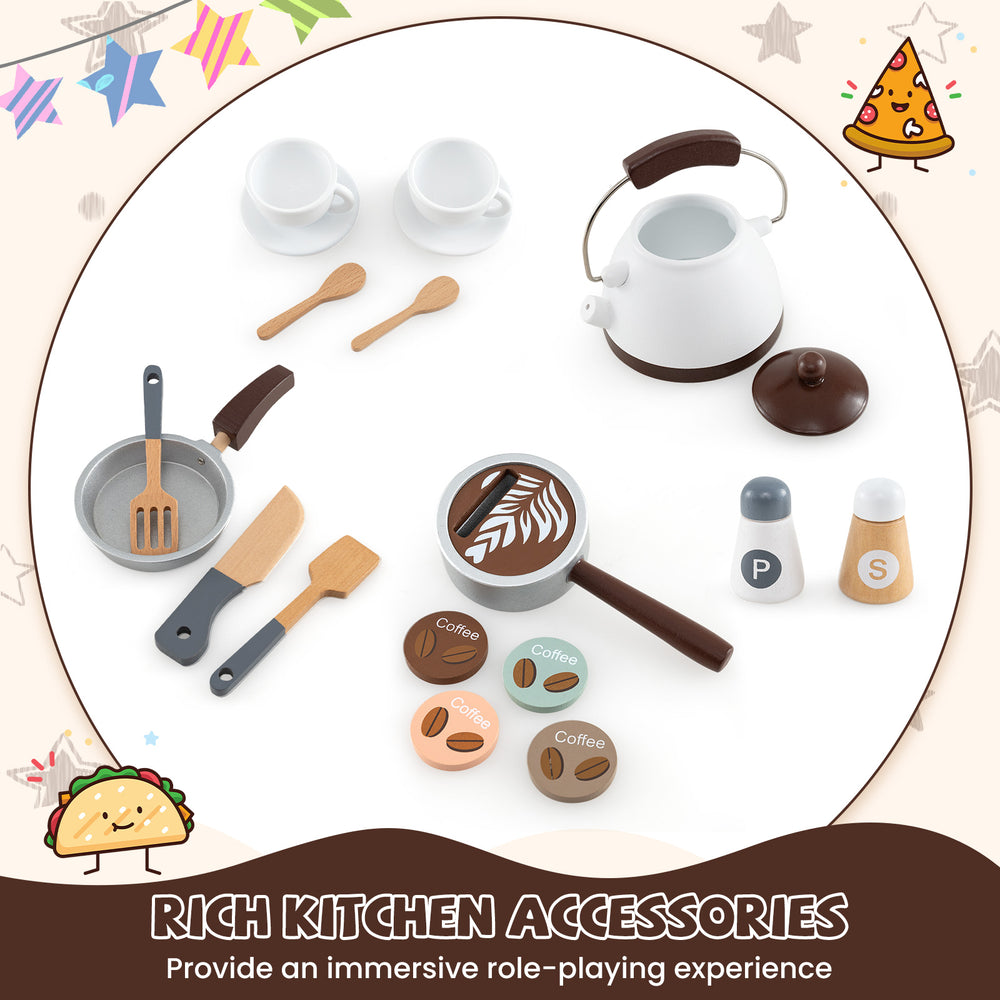 Wooden play kitchen accessories including a coffee machine, utensils, and play food for immersive role-playing fun.