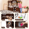 Corner wooden play kitchen in brown featuring a slide, sink, oven, and coffee machine for immersive role play.
