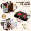 Microwave and stove knobs with realistic lights and sounds in the Corner Wooden Play Kitchen for kids' imaginative play.