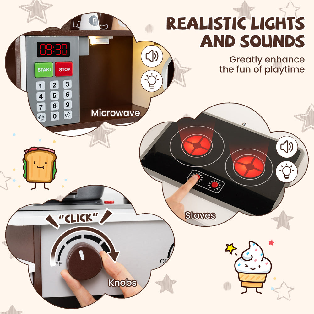 Microwave and stove knobs with realistic lights and sounds in the Corner Wooden Play Kitchen for kids' imaginative play.